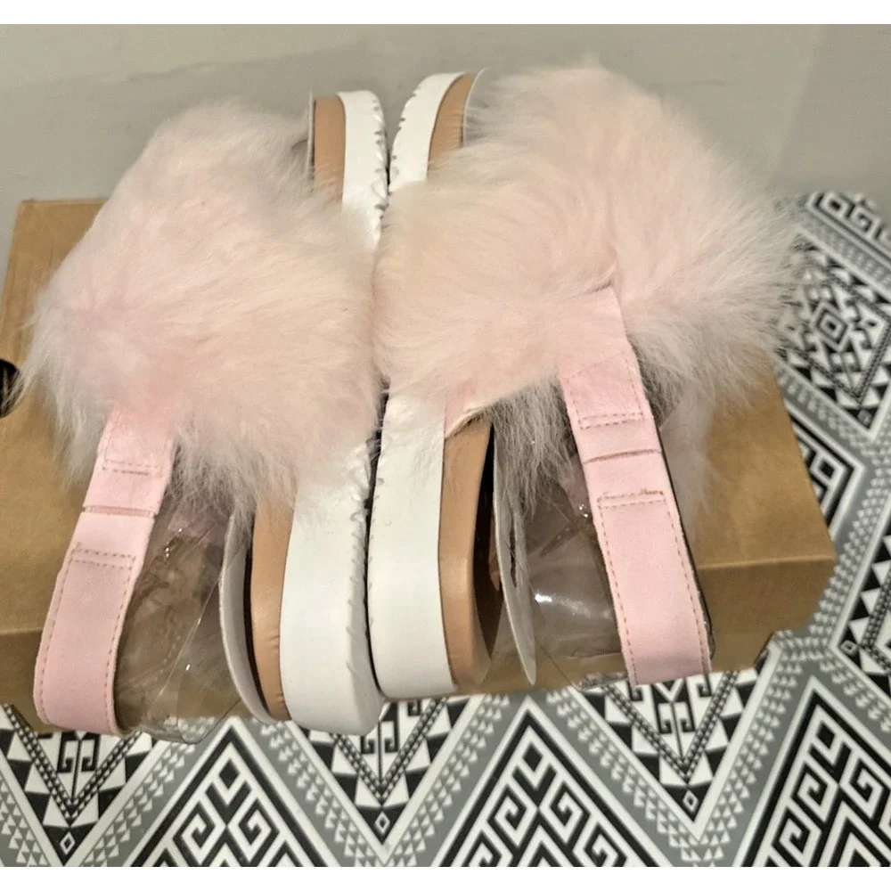 UGG Big Girls Size 5/ EU 35 Holly Fuzzy Sling Back Fur Sandals Seashell Pink